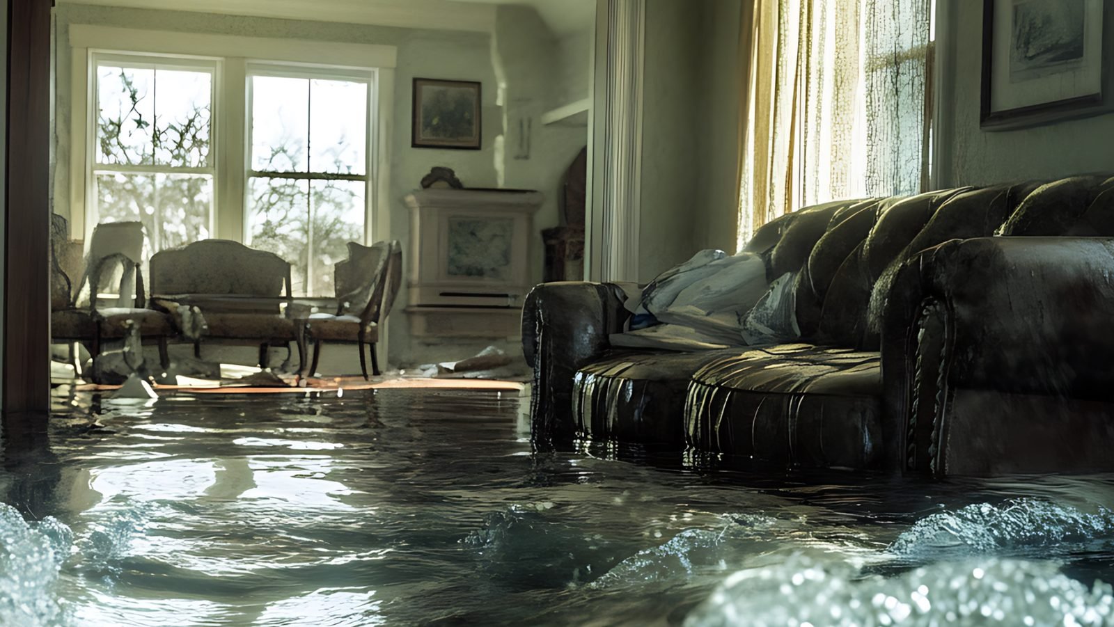 Flooded living room needing water extraction in a Fresno home