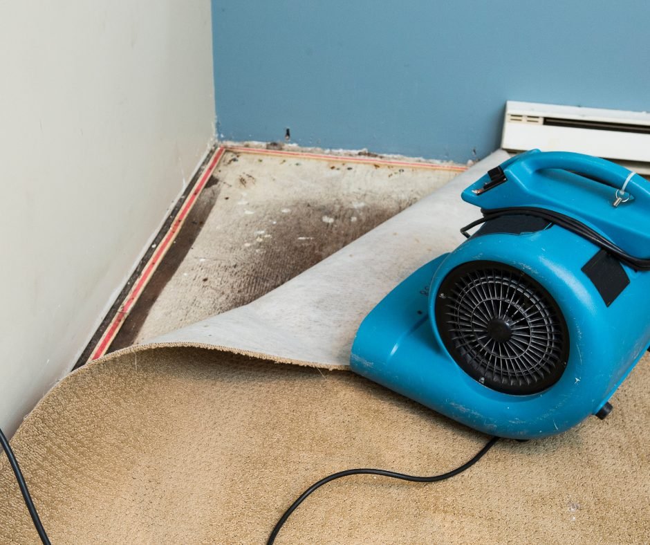 Water-damaged flooring being dried by Costless in a Fresno home