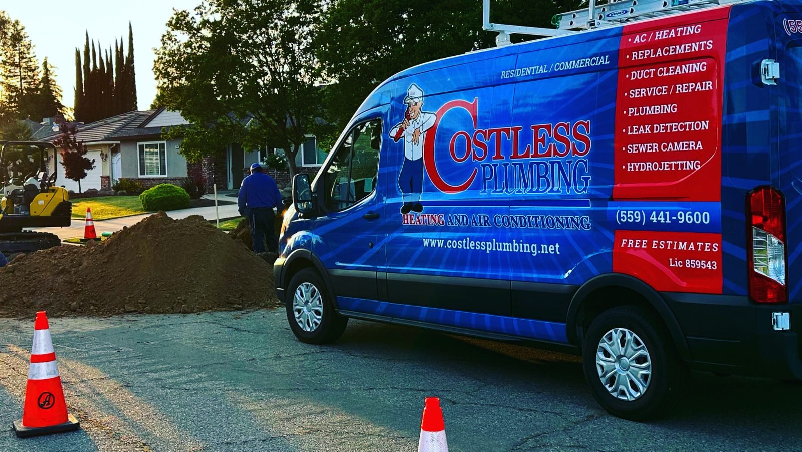 Costless Plumbing service van in Fresno