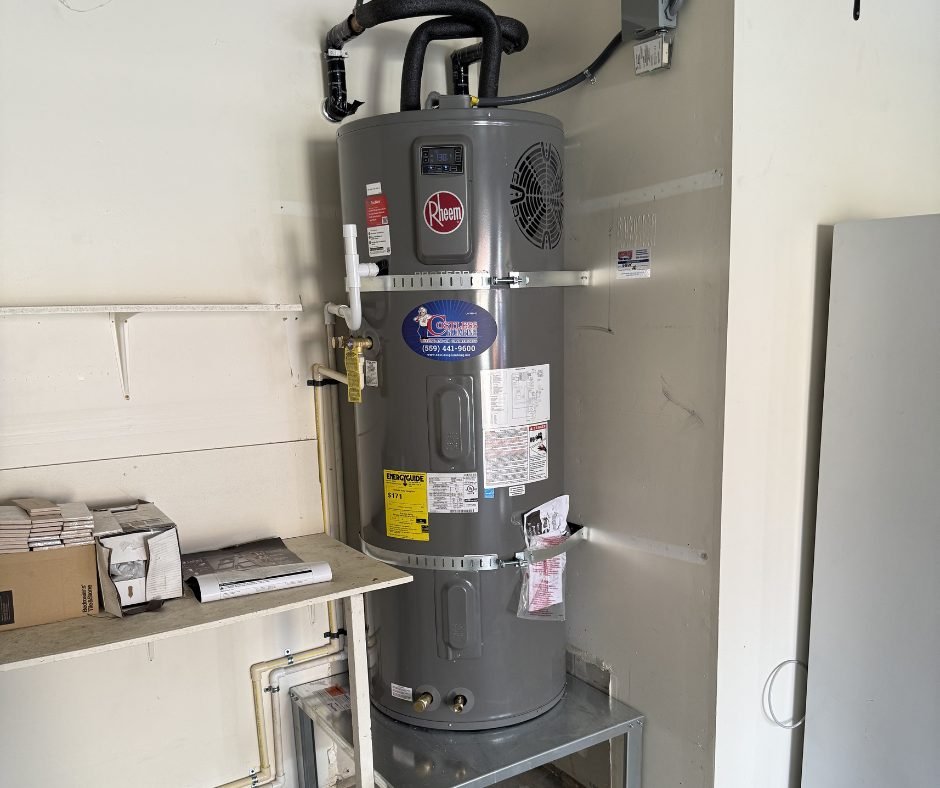 Water heater serviced by Costless Plumbing in a Fresno home