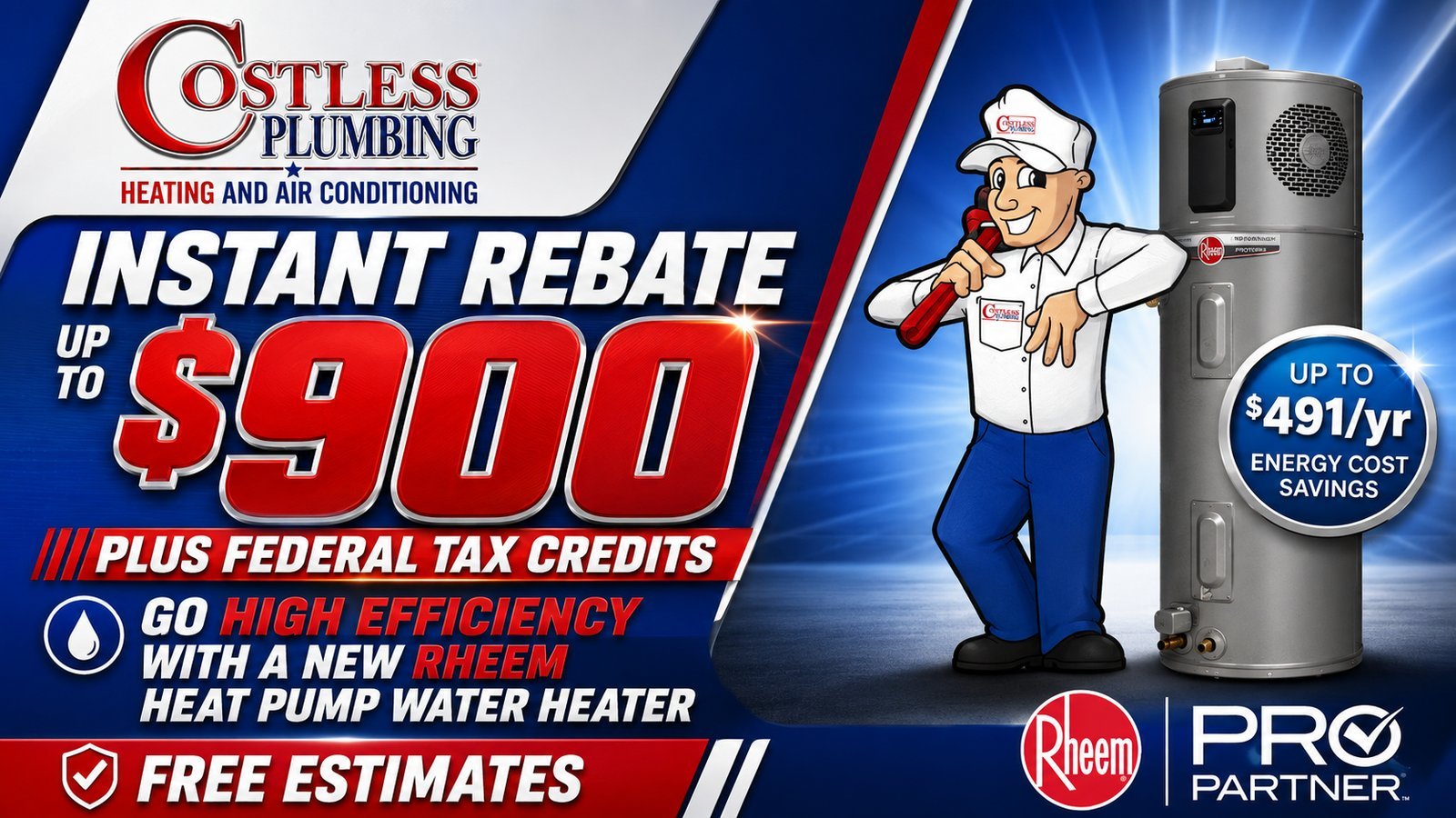 Instant rebate up to $900 plus federal tax credits on a new Rheem heat pump water heater. Free estimates.